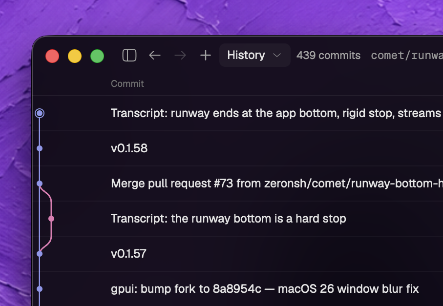 Orbit commit history view with a branching commit graph